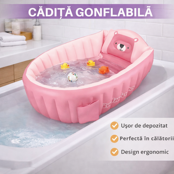Cadita gonflabila pentru bebelusi si copii, Design Ergonomic, 6 luni - 5 ani, Portabila, Pliabila, Mini piscina de calatorie, Roz