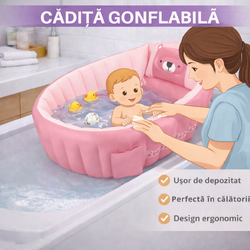 Cadita gonflabila pentru bebelusi si copii, Design Ergonomic, 6 luni - 5 ani, Portabila, Pliabila, Mini piscina de calatorie, Roz