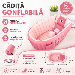 Cadita gonflabila pentru bebelusi si copii, Design Ergonomic, 6 luni - 5 ani, Portabila, Pliabila, Mini piscina de calatorie, Roz