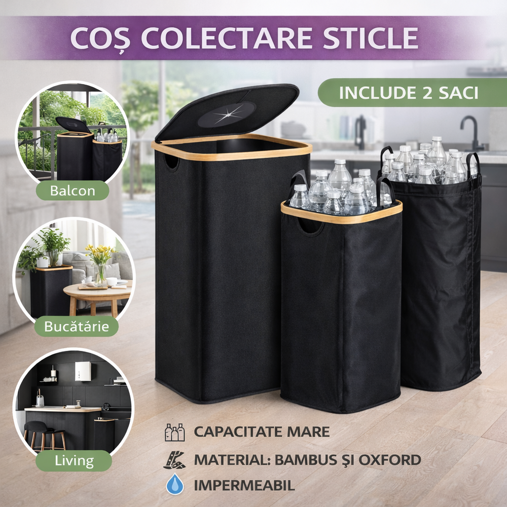 SMARTECH Cos pentru colectarea sticlelor, cu 2 Saci, Bambus si Textil, Impermeabil