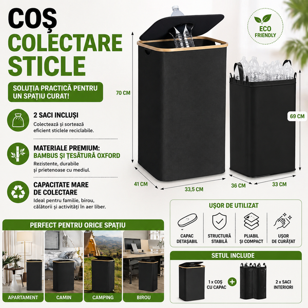 Cos pentru colectarea sticlelor, cu 2 Saci, Bambus si Textil, Impermeabil