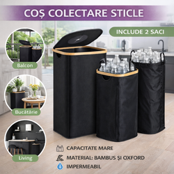 Cos pentru colectarea sticlelor, cu 2 Saci, Bambus si Textil, Impermeabil