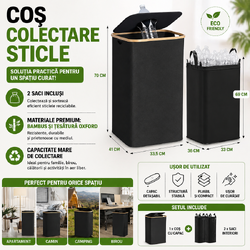 Cos pentru colectarea sticlelor, cu 2 Saci, Bambus si Textil, Impermeabil