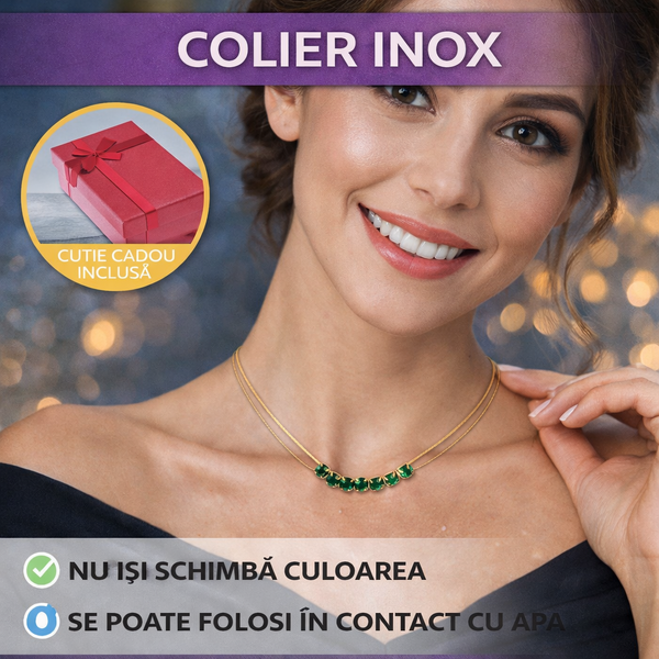 Colier Inox, Bicolor, Cu Pietre Verzi