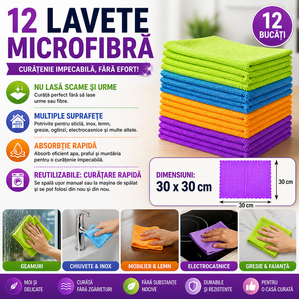 OFERTA 6+6 GRATIS Lavete microfibra, 30x30 Cm, Multicolor
