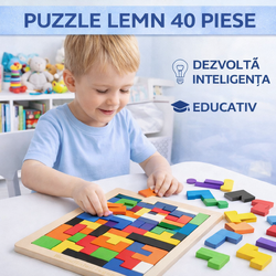 Puzzle din lemn, 40 blocuri, joc de inteligenta, 27 x 18 cm, multicolor