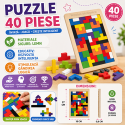 Puzzle din lemn, 40 blocuri, joc de inteligenta, 27 x 18 cm, multicolor
