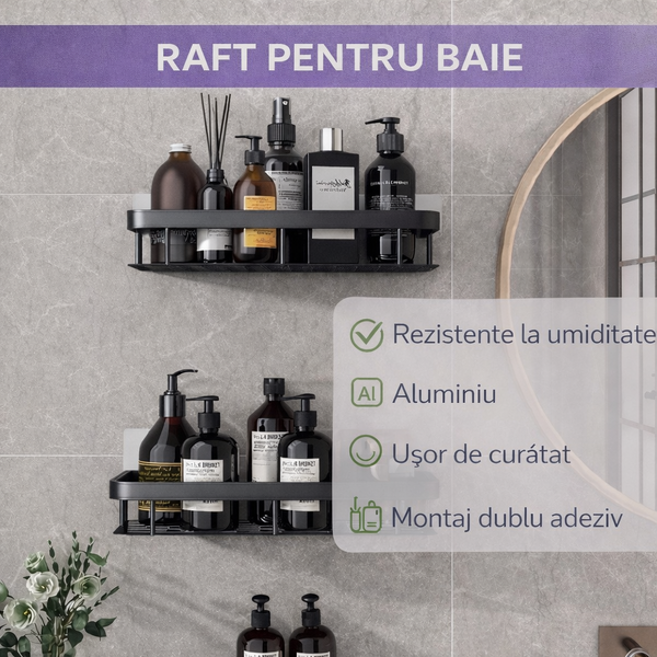 OFERTA 1+1 GRATIS Rafturi pentru baie, rezistente la umiditate, montare usoara, autoadezive, aluminiu, 30 x 13 x 4.7 cm, Negru