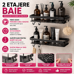 OFERTA 1+1 GRATIS Rafturi pentru baie, rezistente la umiditate, montare usoara, autoadezive, aluminiu, 30 x 13 x 4.7 cm, Negru