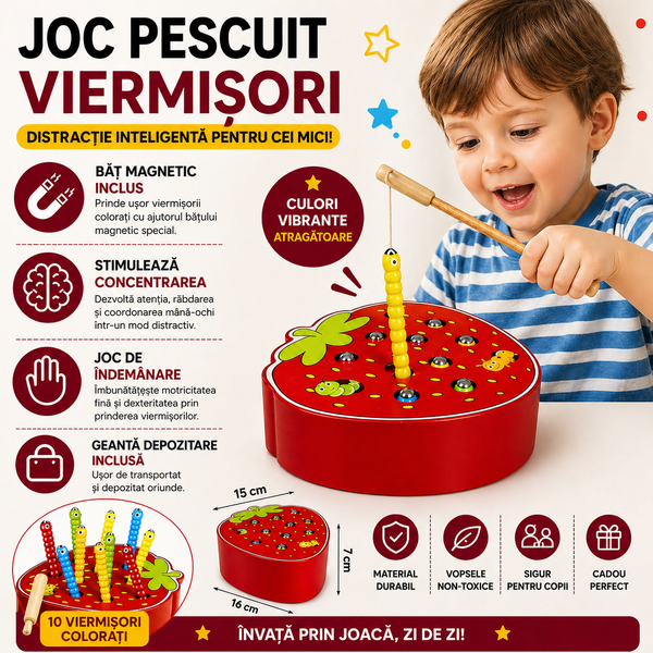 Joc din lemn de pescuit viermisori din capsuna - joc de indemanare, Rosu