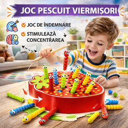 Joc din lemn de pescuit viermisori din capsuna - joc de indemanare, Rosu