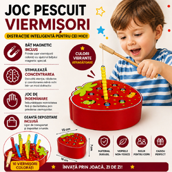 Joc din lemn de pescuit viermisori din capsuna - joc de indemanare, Rosu