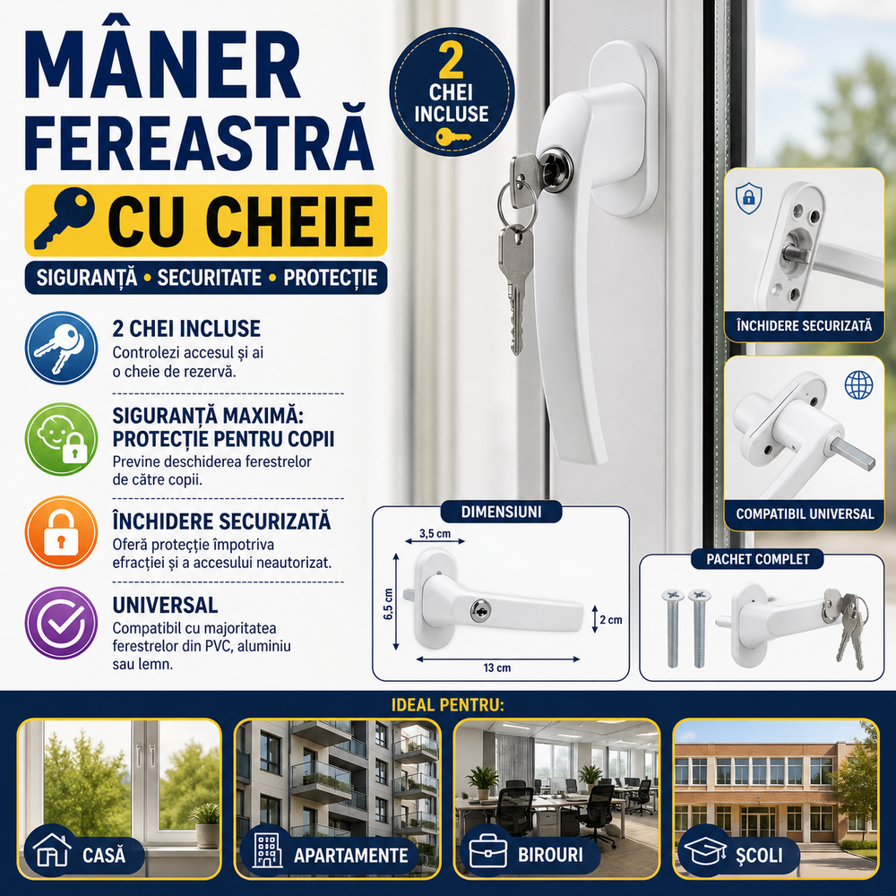 SMARTECH Maner fereastra cu incuietoare, model universal, inchidere securizata, 2 chei incluse, Alb