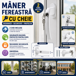 Maner fereastra cu incuietoare, model universal, inchidere securizata, 2 chei incluse, Alb