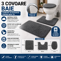 Covoare Baie, Set 3 Bucati, Decupat, Capac, Culoare Gri, Material Moale si Pufos, Fond Antialunecare