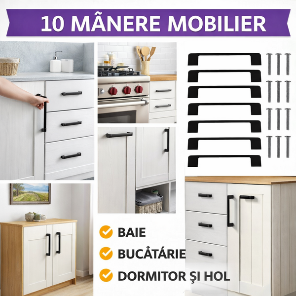 OFERTA 5+5 GRATIS Manere mobilier, Aluminiu, Negru Mat, Distanta dintre orificii 9.6 cm