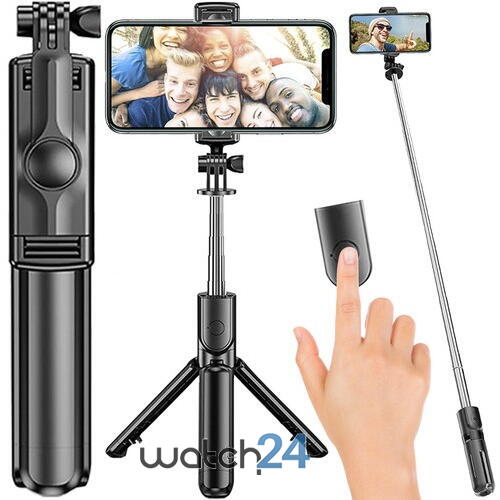 Selfie stick multifunctional, Trepied, Suport pentru telefon, Bluetooth 4.0, telecomanda detasabila, Telescopic, Compatibil iOS/Android, Negru