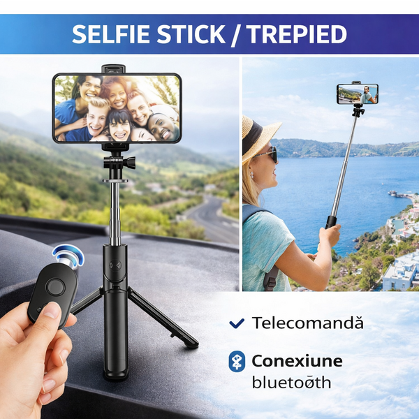 Selfie stick multifunctional, Trepied, Suport pentru telefon, Bluetooth 4.0, telecomanda detasabila, Telescopic, Compatibil iOS/Android, Negru