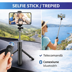 Selfie stick multifunctional, Trepied, Suport pentru telefon, Bluetooth 4.0, telecomanda detasabila, Telescopic, Compatibil iOS/Android, Negru