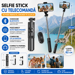 Selfie stick multifunctional, Trepied, Suport pentru telefon, Bluetooth 4.0, telecomanda detasabila, Telescopic, Compatibil iOS/Android, Negru