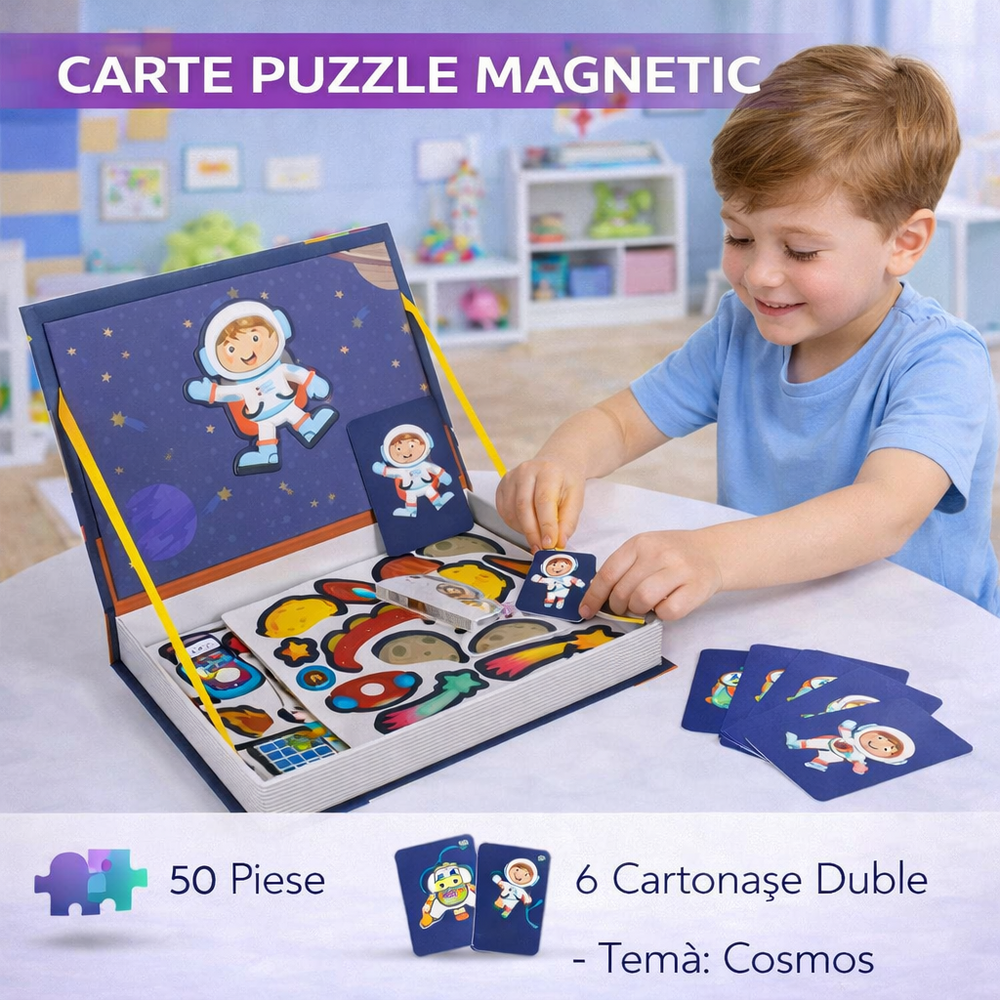 SMARTECH Carte tip Puzzle Magnetic , Set 50 magneti, 6 Cartonase Duble, Tema cosmos