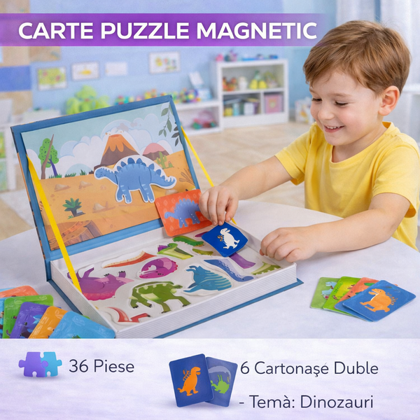 Carte tip Puzzle Magnetic , Set 36 magneti, 6 Cartonase Duble, Tema Dinozauri