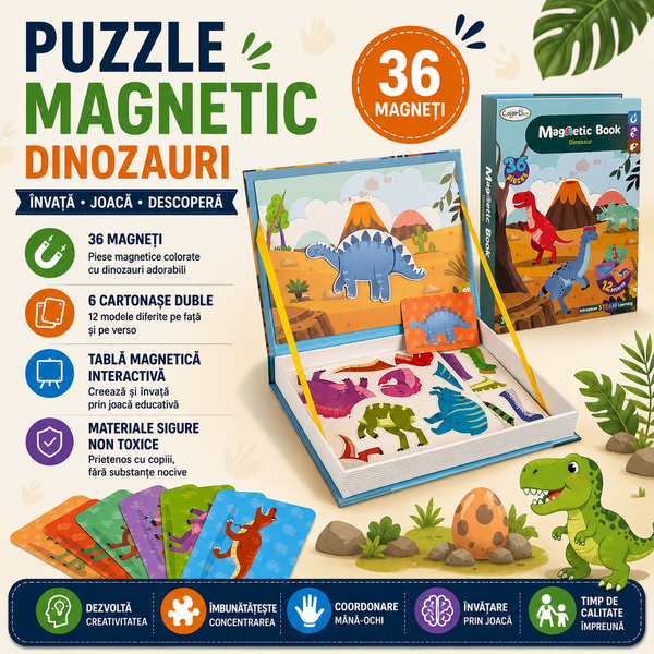 Carte tip Puzzle Magnetic , Set 36 magneti, 6 Cartonase Duble, Tema Dinozauri