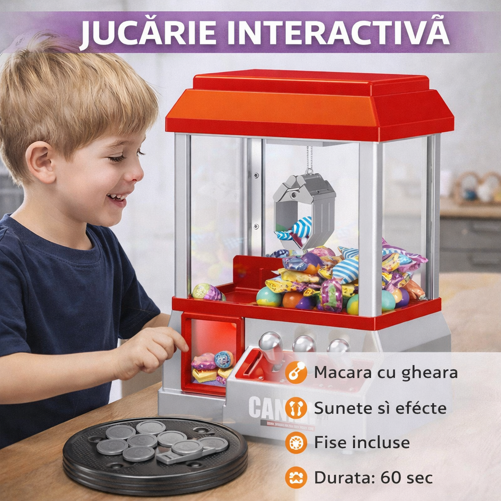 SMARTECH Jucarie interactiva macara cu gheara pentru prinderea dulciurilor, Candy Grabber, Monede incluse, cu baterii, 31 x 17 x 22 cm, Rosu / Argintiu