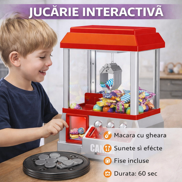 Jucarie interactiva macara cu gheara pentru prinderea dulciurilor, Candy Grabber, Monede incluse, cu baterii, 31 x 17 x 22 cm, Rosu / Argintiu