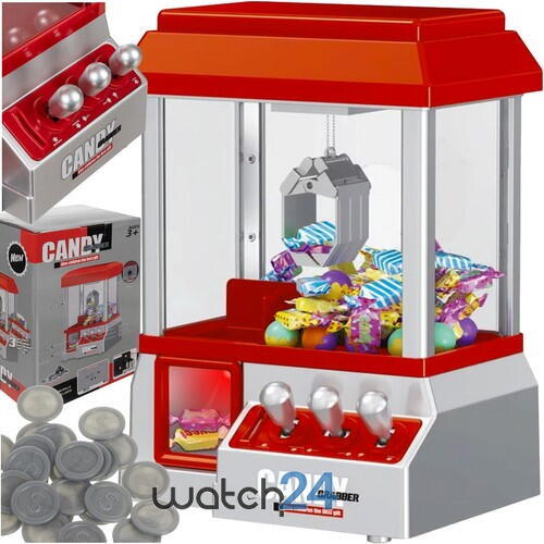 Jucarie interactiva macara cu gheara pentru prinderea dulciurilor, Candy Grabber, Monede incluse, cu baterii, 31 x 17 x 22 cm, Rosu / Argintiu