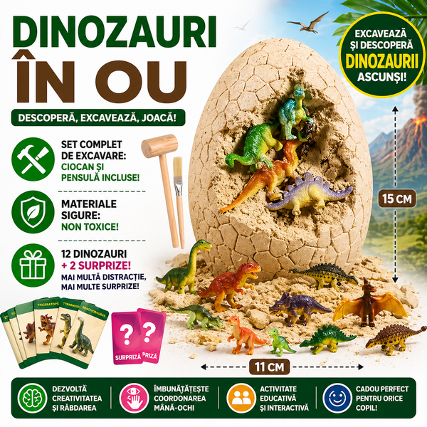 Set de Explorare Oua de Dinozaur - cu Excavare pentru Copii, Jucarie Educativa si Interactiva, +3 Ani