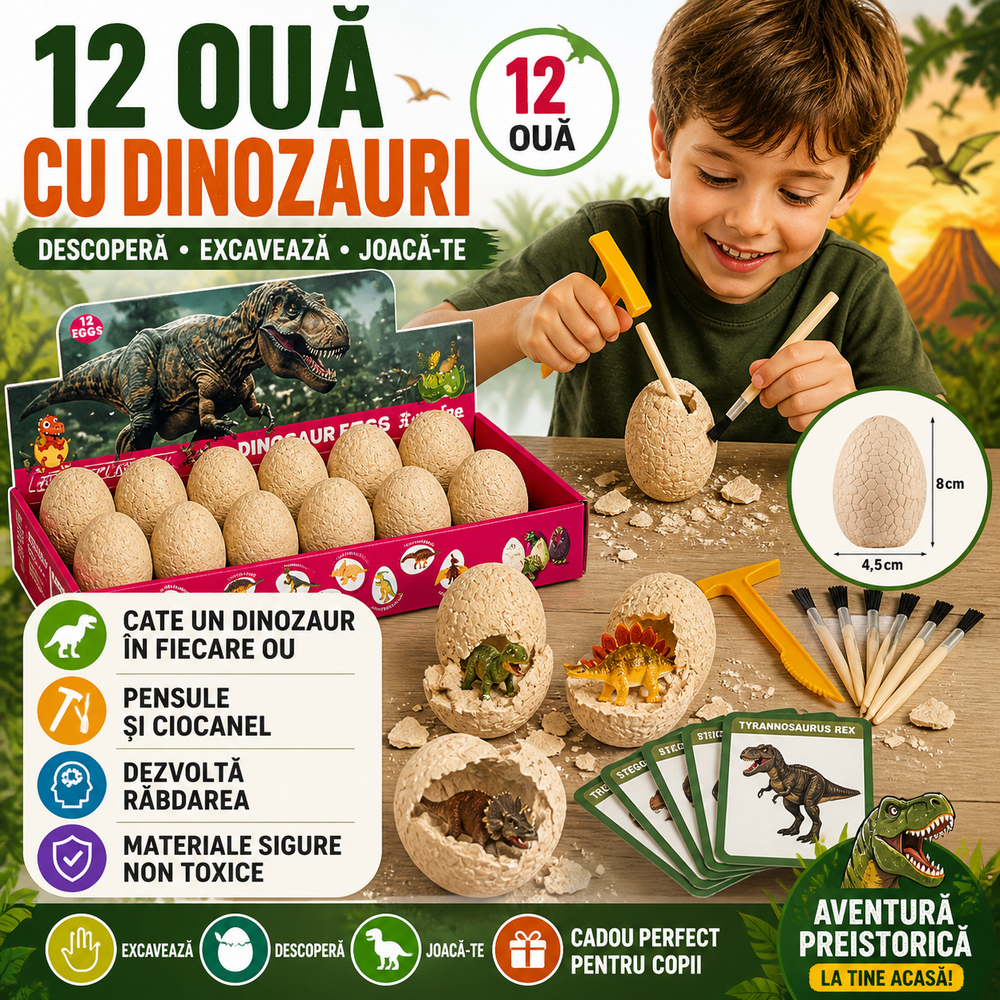 SMARTECH Set de Explorare 12 Oua de Dinozaur - cu Excavare pentru Copii, Jucarie Educativa si Interactiva, +3 Ani