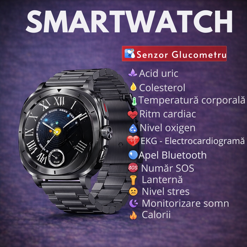 SMARTECH SmartWatch cu Senzor Glucometru, EKG, Temperatura Corporala, Compozitia Sangelui, Acid Uric, Colesterol, Metabolism, Grasimea din Corp, Apel Bluetooth, Numar SOS S797
