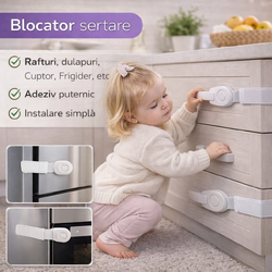 OFERTA 5+5 GRATIS Siguranta usi copii, Blocator Sertare, Usa Cuptor, Frigider, Congelator, Dulap, Deschidere Accidentala, Adeziv Puternic, Fara Urme Dupa Indepartare, Alb
