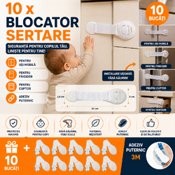 OFERTA 5+5 GRATIS Siguranta usi copii, Blocator Sertare, Usa Cuptor, Frigider, Congelator, Dulap, Deschidere Accidentala, Adeziv Puternic, Fara Urme Dupa Indepartare, Alb