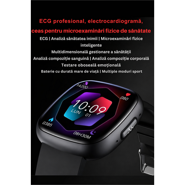 SmartWatch cu Senzor Glucometru, EKG, Temperatura Corporala, Compozitia Sangelui, Acid Uric, Colesterol, Metabolism, Grasimea din Corp, Apel Bluetooth, Numar SOS S809