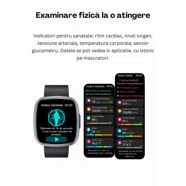 SmartWatch cu Senzor Glucometru, EKG, Temperatura Corporala, Compozitia Sangelui, Acid Uric, Colesterol, Metabolism, Grasimea din Corp, Apel Bluetooth, Numar SOS S809