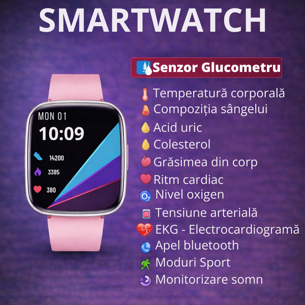 SmartWatch cu Senzor Glucometru, EKG, Temperatura Corporala, Compozitia Sangelui, Acid Uric, Colesterol, Metabolism, Grasimea din Corp, Apel Bluetooth, Numar SOS S810