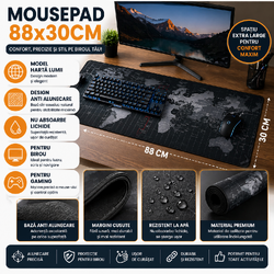 Mousepad gaming/birou, Antiderapant, 880x300 mm, Harta Lumii
