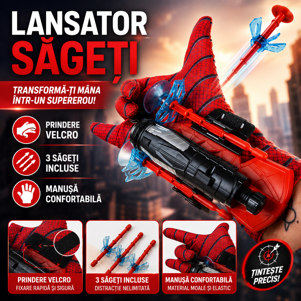 SMARTECH Lansator de Sageti, Manusa lui SpiderMan, din material textil cu lansator si trei sageti, pentru copii