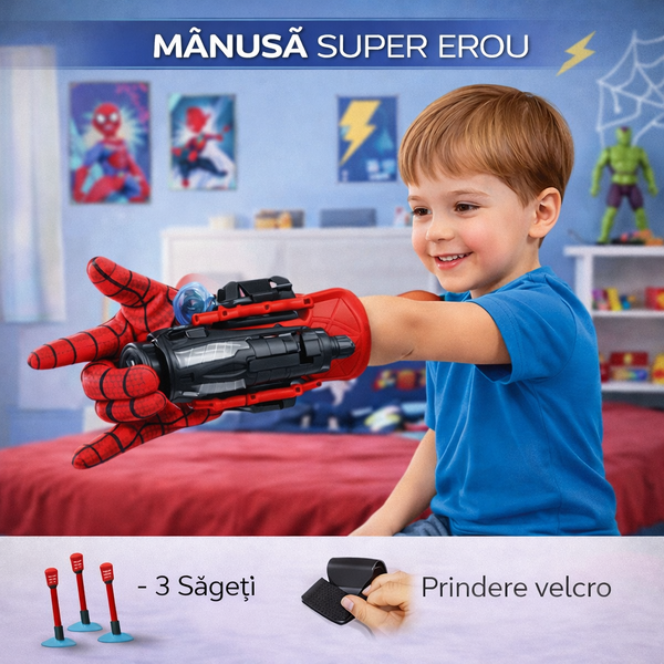 Lansator de Sageti, Manusa lui SpiderMan, din material textil cu lansator si trei sageti, pentru copii