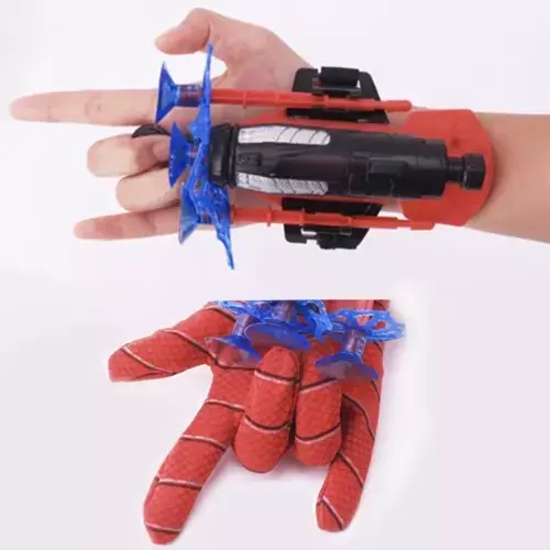 Manusa lui SpiderMan, din material textil cu lansator si trei sageti, pentru copii