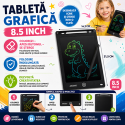 Tableta grafica de desenat pentru copii 8.5" diagonala, Drawing Tablet, Cu Buton De Stergere, Creion Inclus, Negru