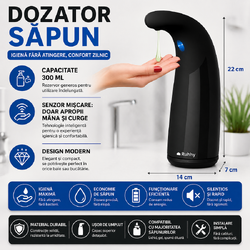 Dozator cu senzor pentru sapun lichid, 300 ml, rezistent la apa IPX7, negru, 22 x 14 x 7 cm
