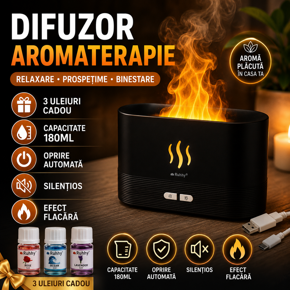 SMARTECH Difuzor de ulei esential, aromaterapie, umidificator de aer, rezervor 180ML, cu lumina tip flacara + Cadou 3 Uleiuri