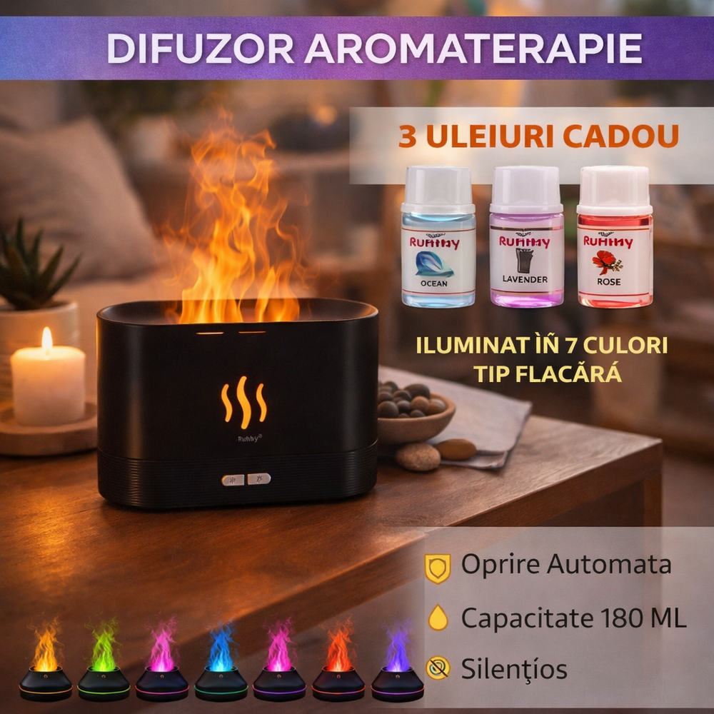 SMARTECH Difuzor de ulei esential, aromaterapie, umidificator de aer, rezervor 180ML, cu lumina tip flacara + Cadou 3 Uleiuri