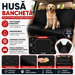 Husa auto profesionala, Protectie si transport animale, Caini si pisici, Pentru bancheta autoturismului, Impermeabil, Antialunecare, Negru, 144 x 144 cm