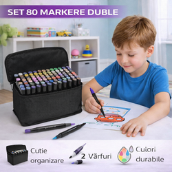 Set 80 Markere, Varf Dublu, Cu Etui si Organizator