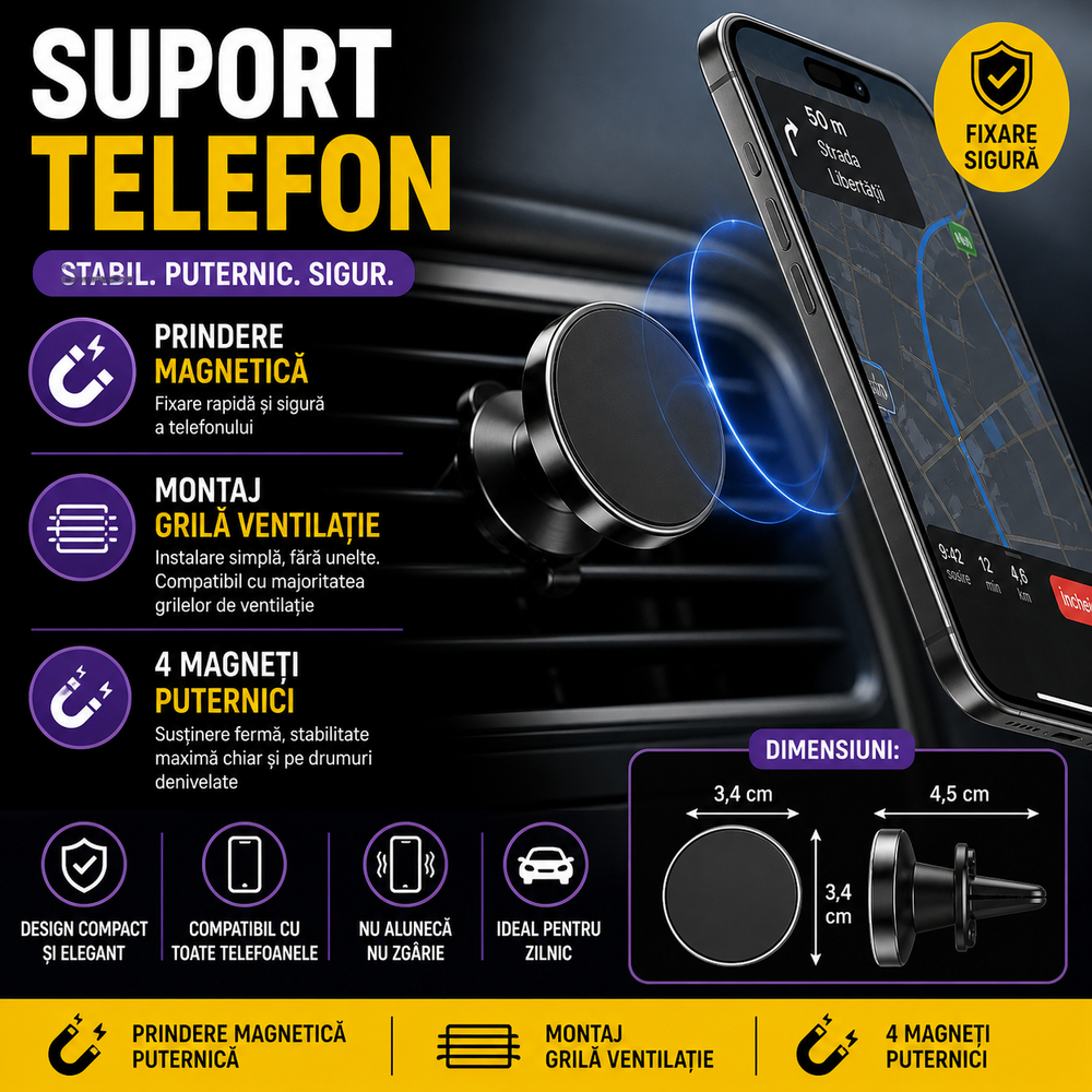 SMARTECH Suport auto magnetic pentru telefon, Reglabil 90°, Prindere aeroterma, Rotire 360 grade, 4.5 x 3.4 x 3.4 cm