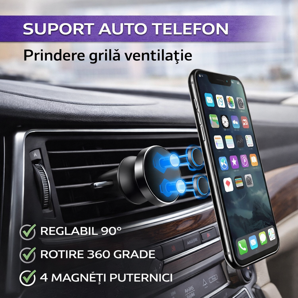 SMARTECH Suport auto magnetic pentru telefon, Reglabil 90°, Prindere aeroterma, Rotire 360 grade, 4.5 x 3.4 x 3.4 cm